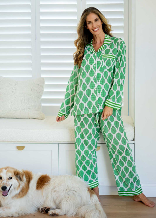 Long pj set in Green Leaves with Stripe Contrast
