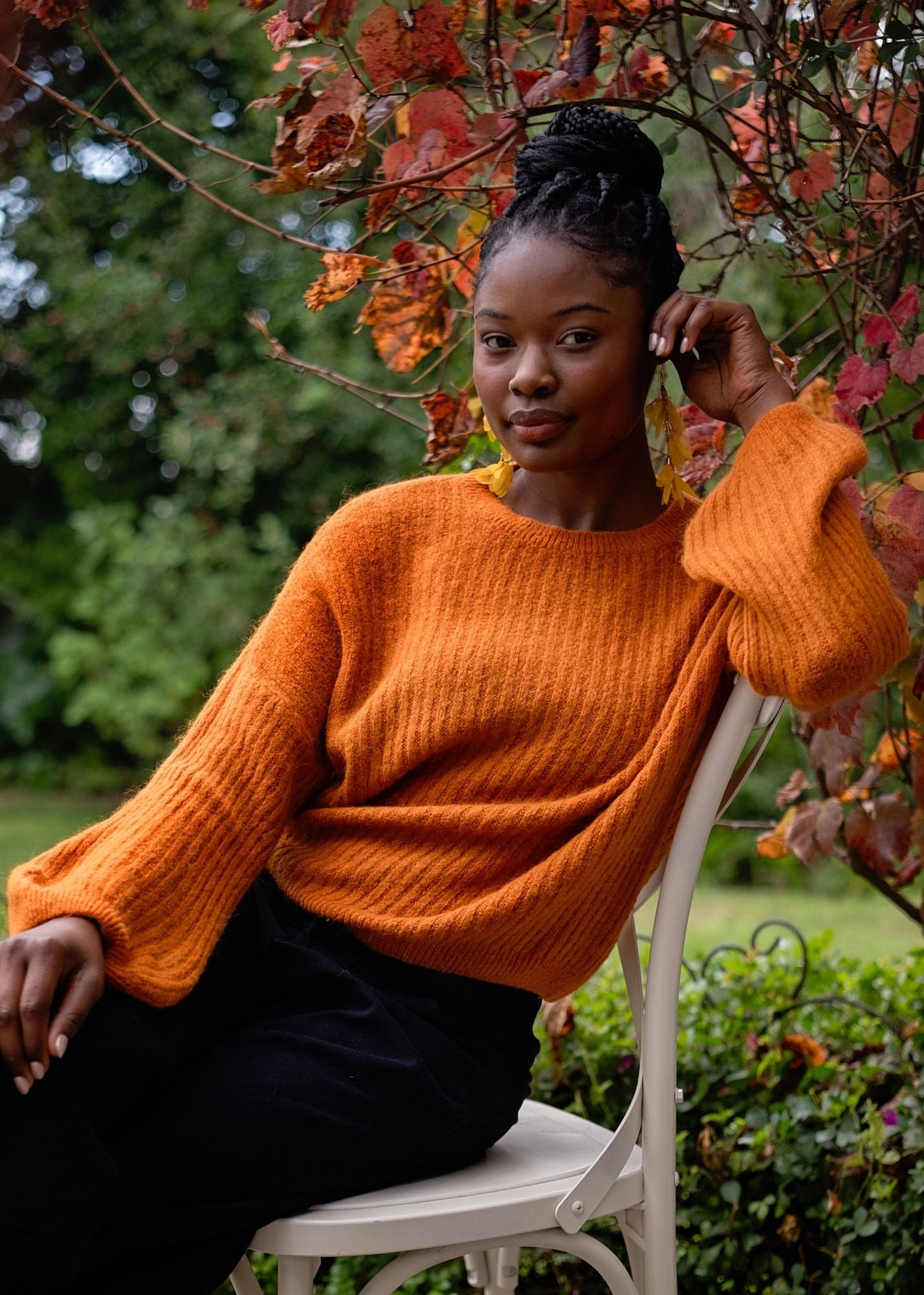 Ribbed Knit Jumper with Bubble Sleeves in Rust