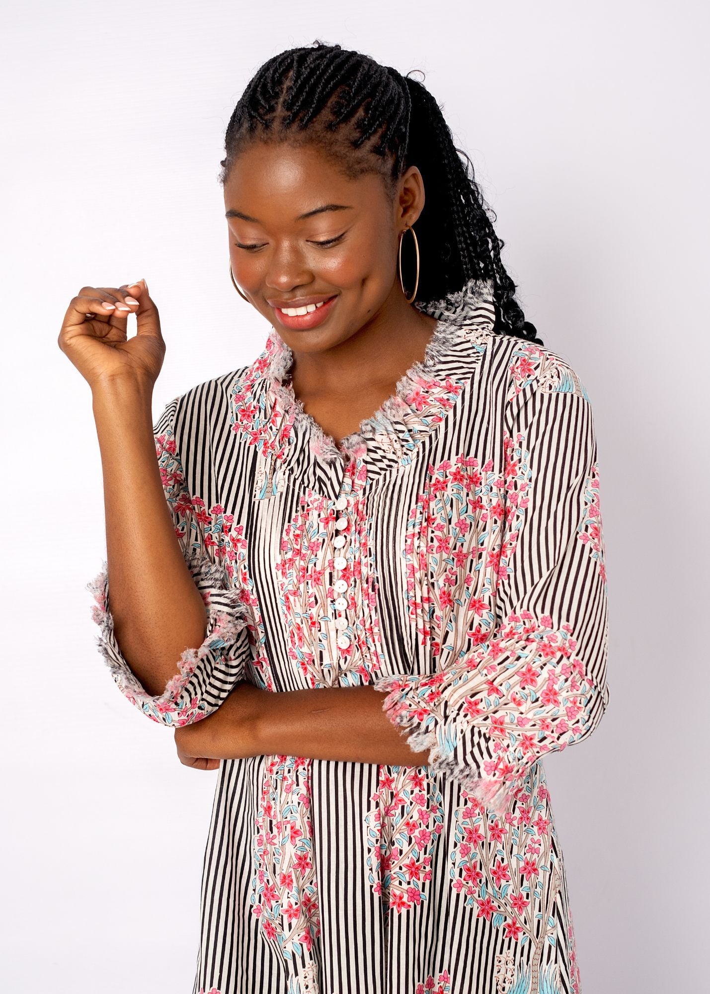 Sarah Dress with Frill in Black and White Candy Stripes with Pink Bouquet