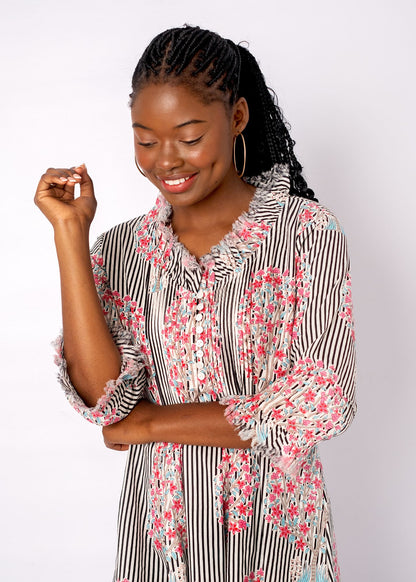 Sarah Dress with Frill in Black and White Candy Stripes with Pink Bouquet