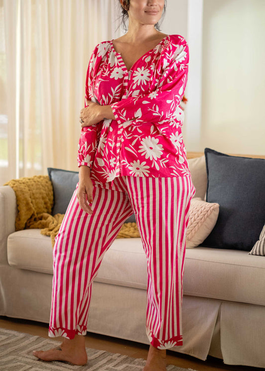 Casa Long Pants Suit  in Cerise Pink with White Flowers