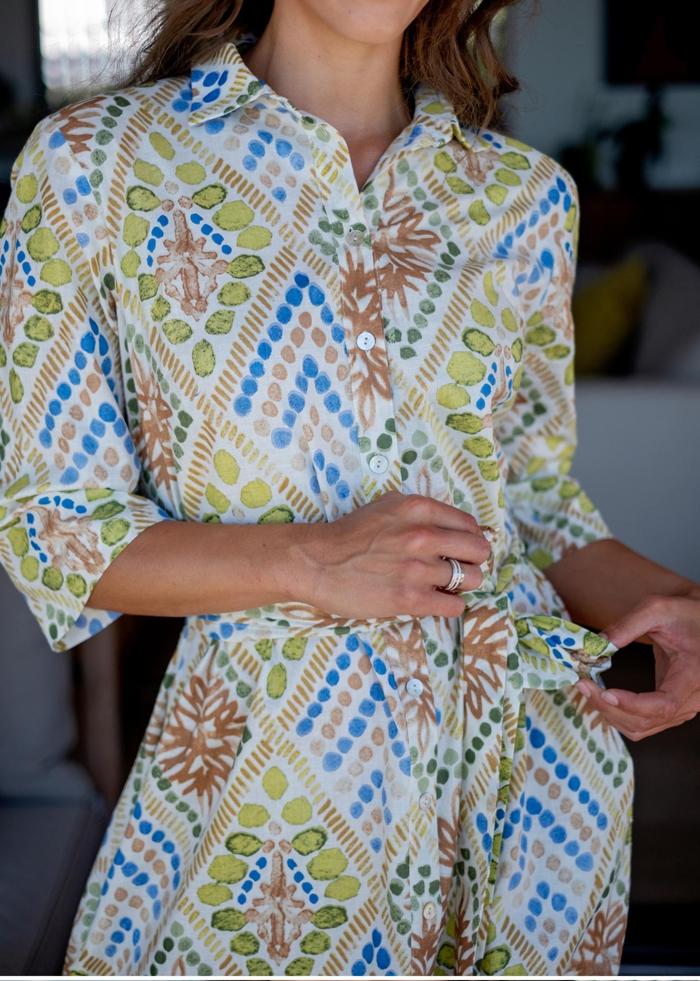 Betty Button dress,  Green and Blue Tiles