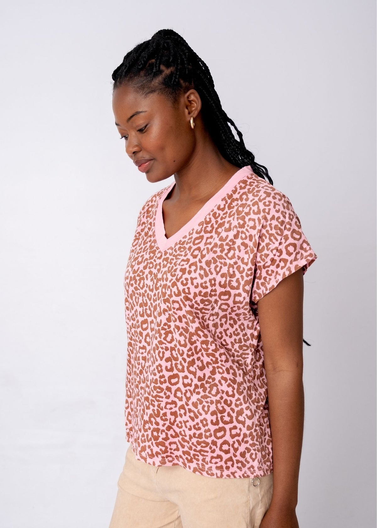 Lola V-Neck Shirt in Pink and Taupe Safari
