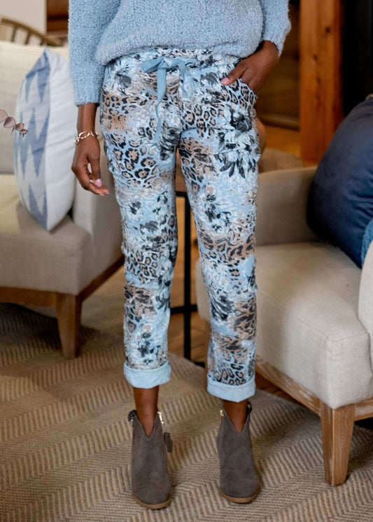 Serengeti Glam Graphic Slouch Pants in Blue Delft