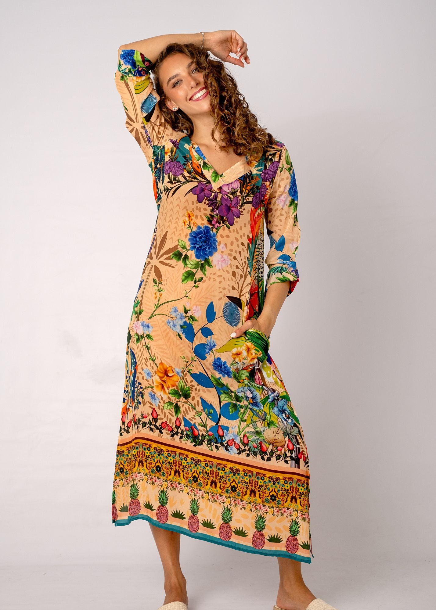 Gloria Dress with Tucked Sleeve Detail in Forest Vine