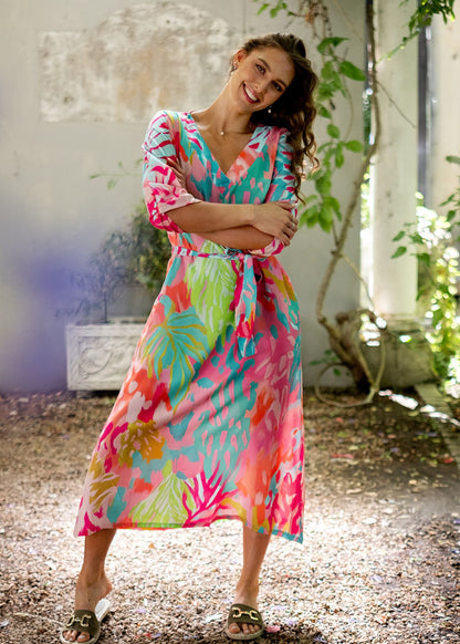 Gloria Dress with Tucked Sleeve Detail in Pink and Turquoise