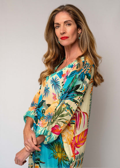 Gloria Dress with Tucked Sleeve Detail in Tropical Sunset