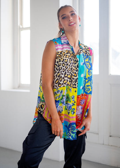 Xiah Button down blouse in Gold Chain and Animal Print