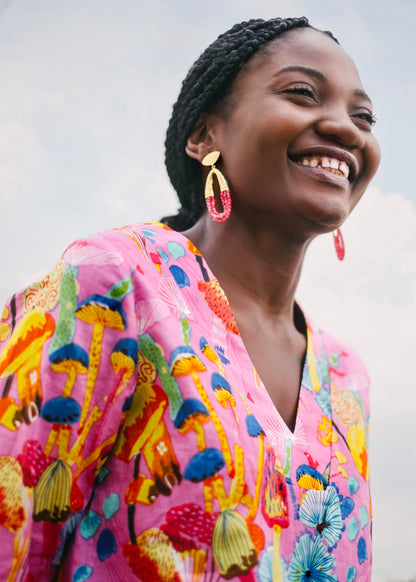 V-Neck tunic, pink mushrooms