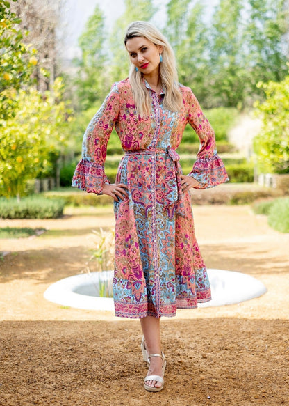 Jewel Dress, Coral Pink & blue