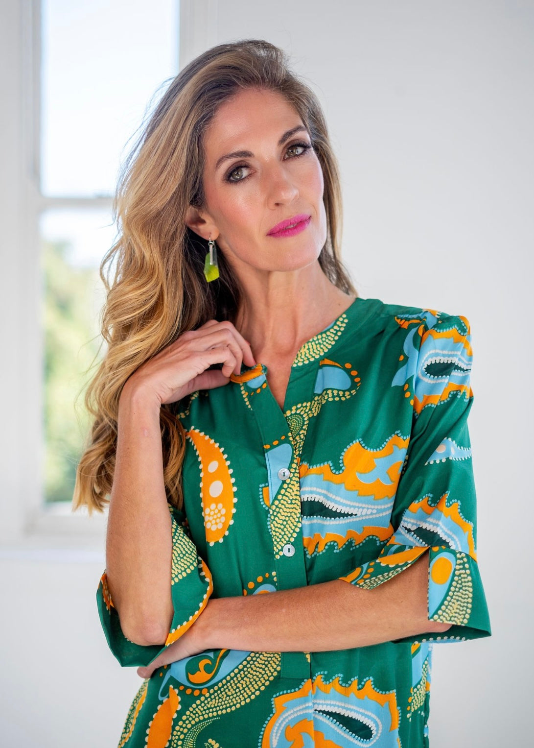 Fergie Cuffed Sleeve  Dress,  Green Bold Paisley