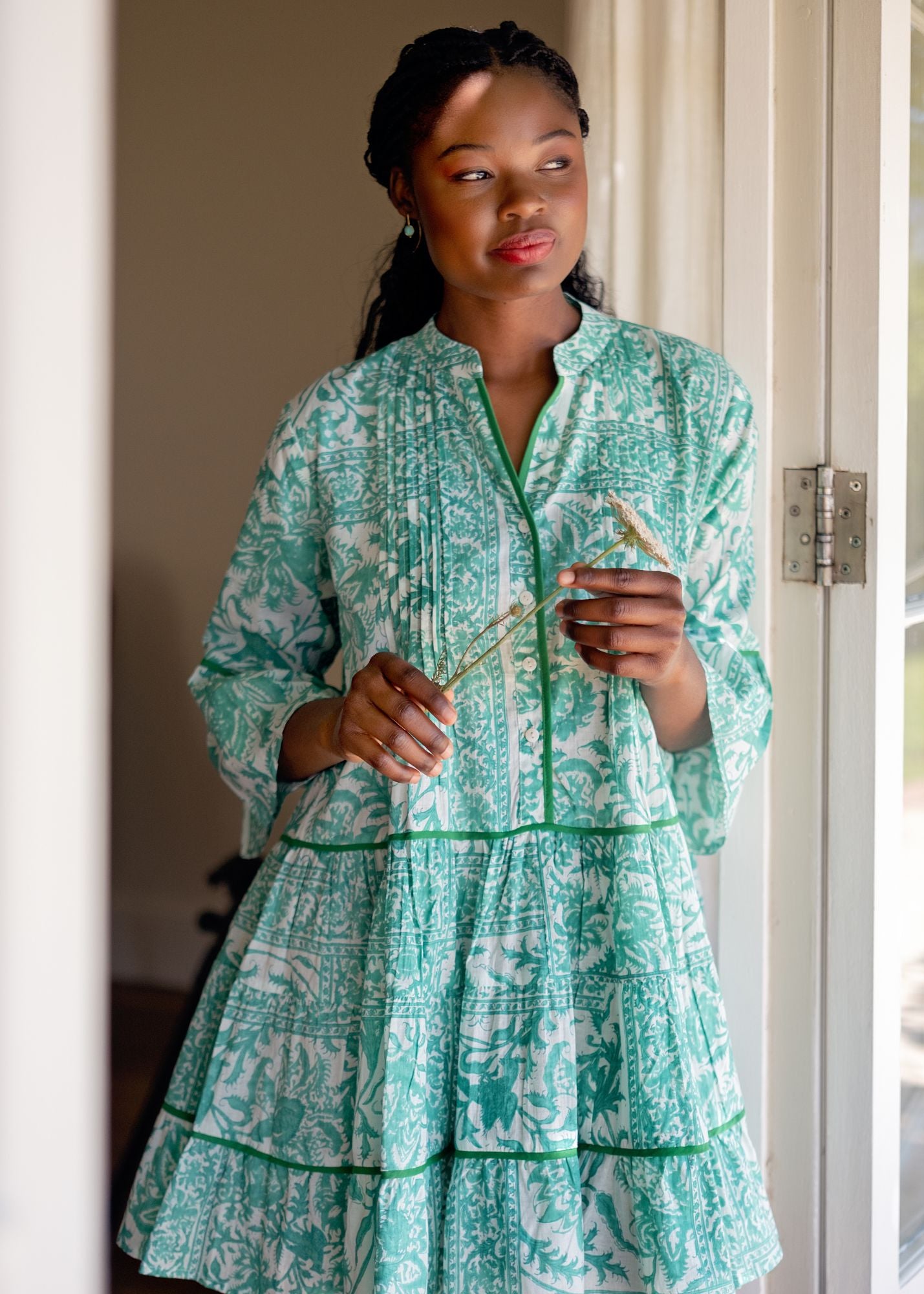 Valentina dress in Jade Leaves with Green Piping Detail