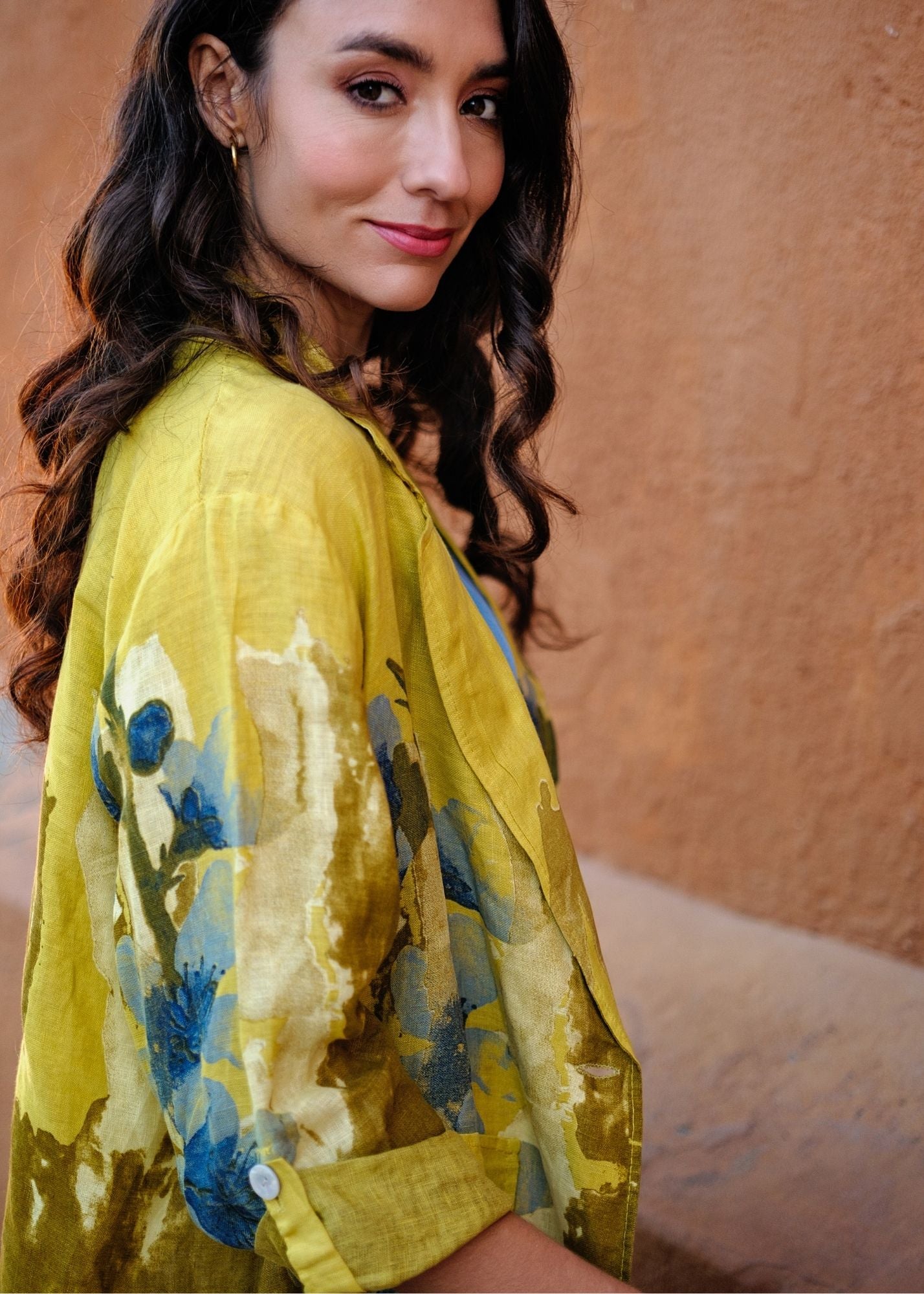 Lino 100% Linen Button Jacket in Periwinkle Heirloom Bloom