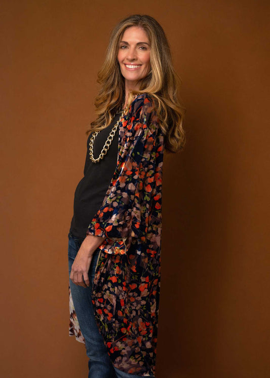 Velvet Bloom Kimono in Navy and Coral