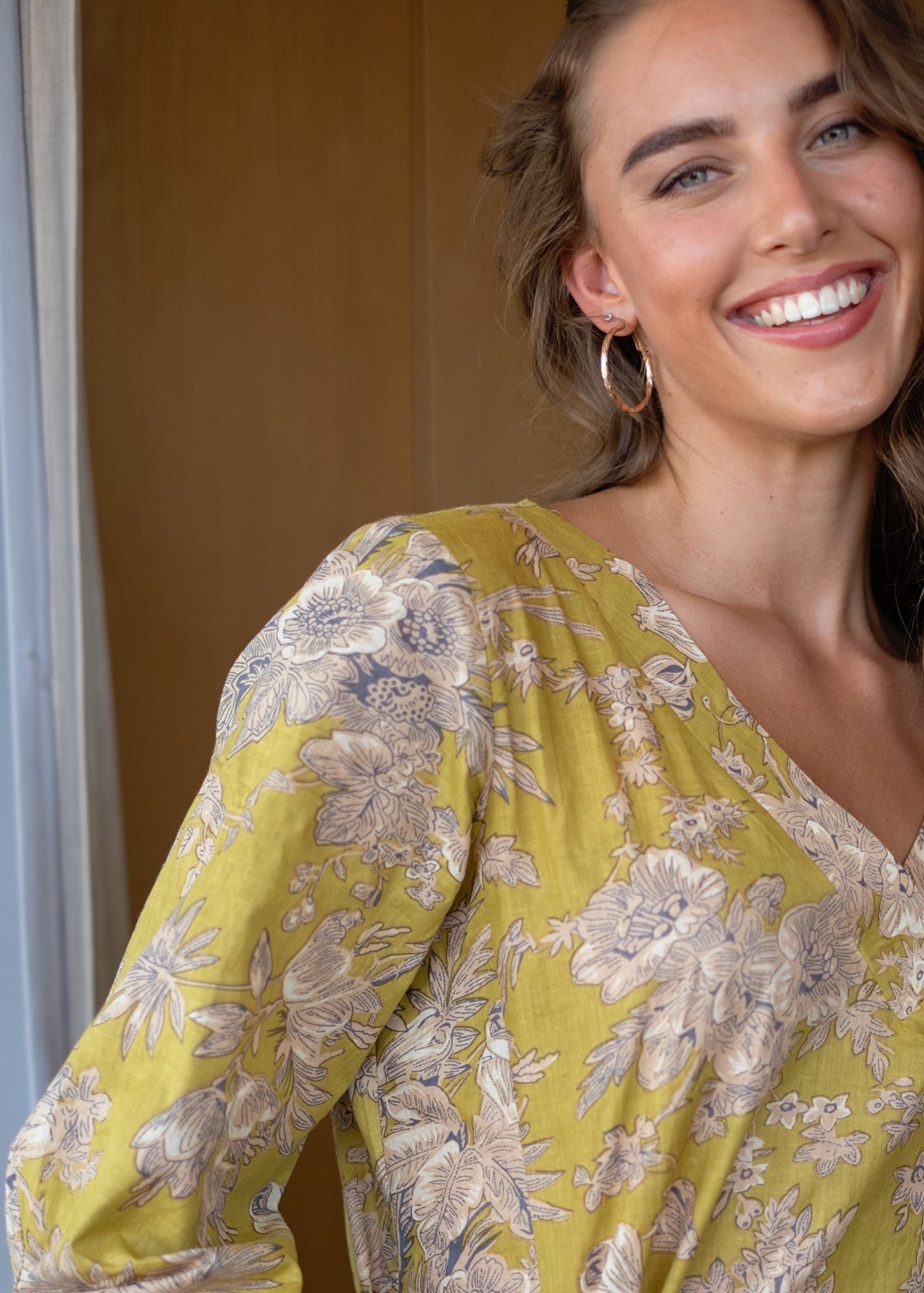 Gloria Dress with Tucked Sleeve Detail in Chartreuse Floral Print
