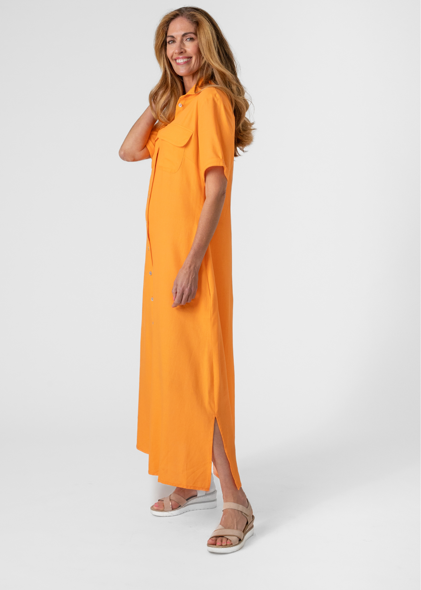 Betty Button dress in Orange linen