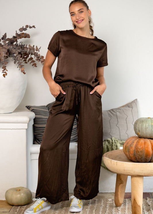 Lila Viscose Silk Blend Pants in Chocolate Brown