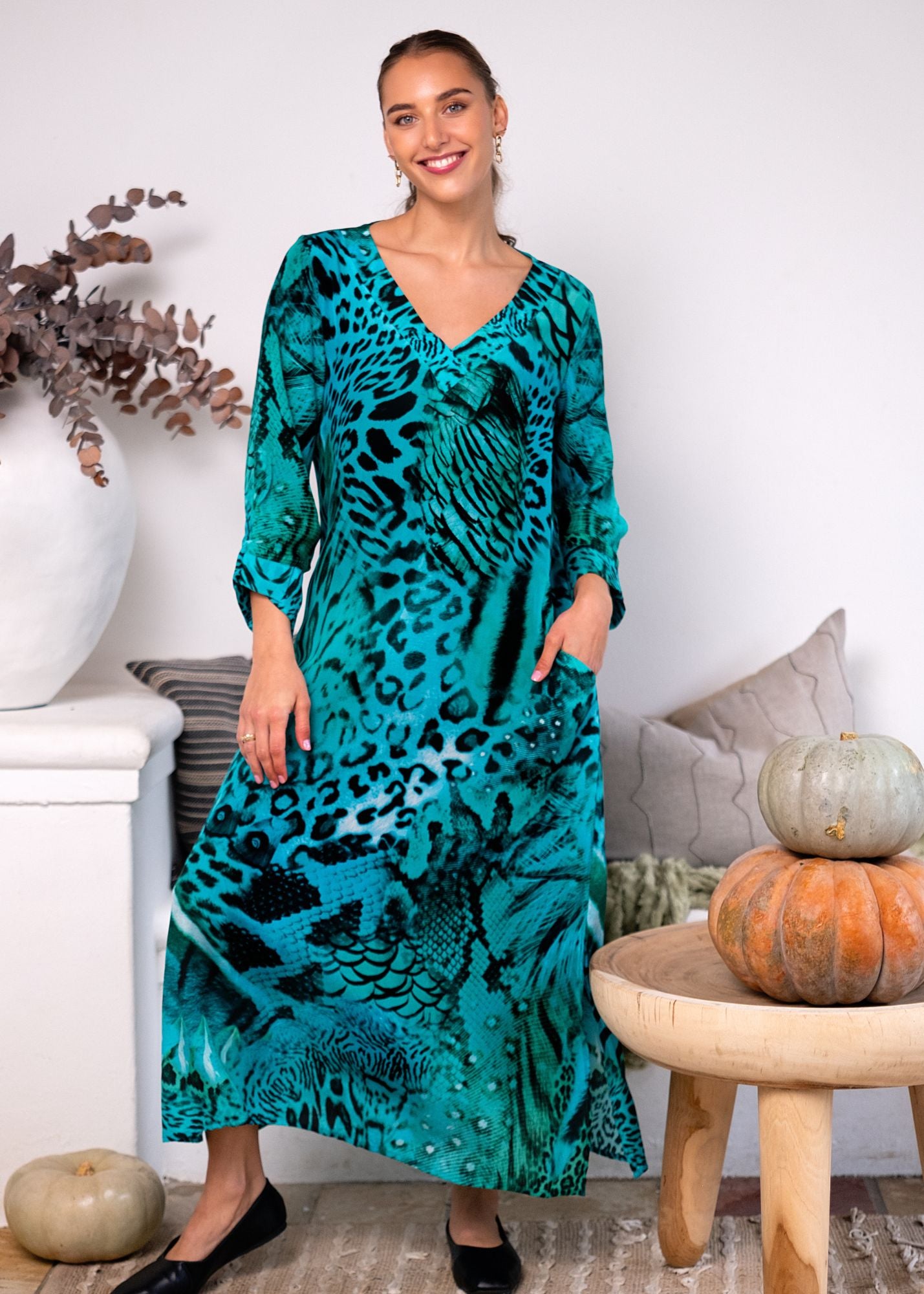 Gloria Dress with Tucked Sleeve Detail in Turquoise Animal Print