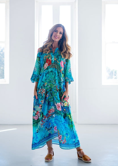 Jubilee Dress, Peacock and Pink Rose