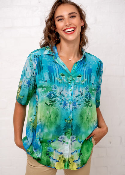 Molly Button down blouse in Green and Turquoise