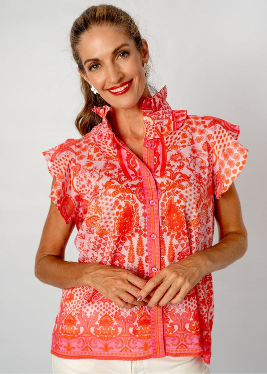 Paradise Blouse in Coral Crown Print