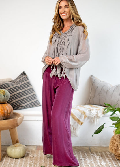 Sophia Silk Ruffle Blouse in Moonstone Grey