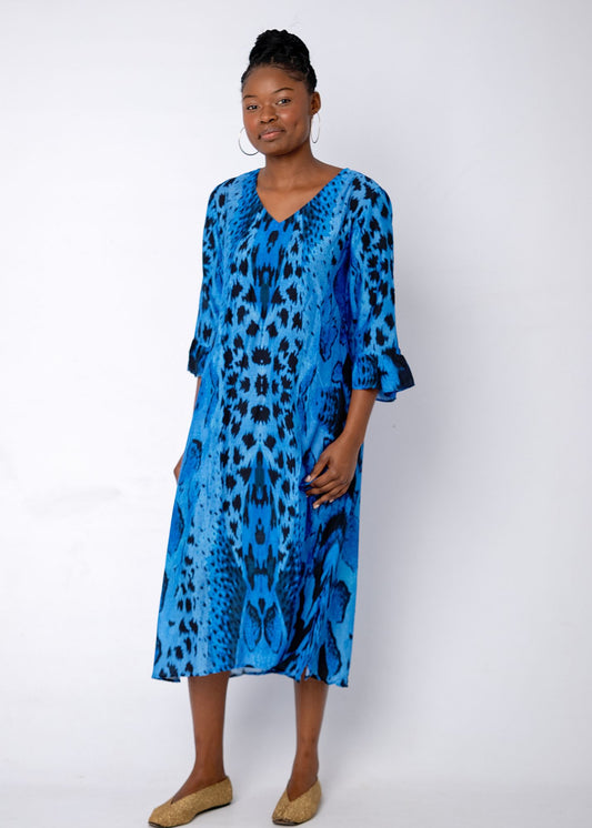 Alia Dress in Blue Animal Print