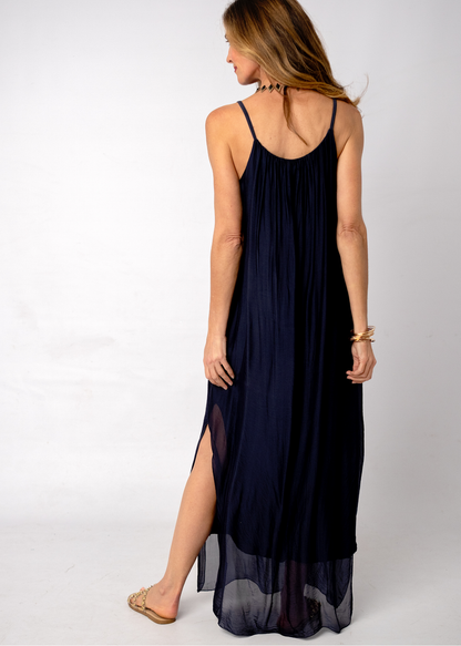 Sophia 100% Silk Flow Strappy Dress in Black