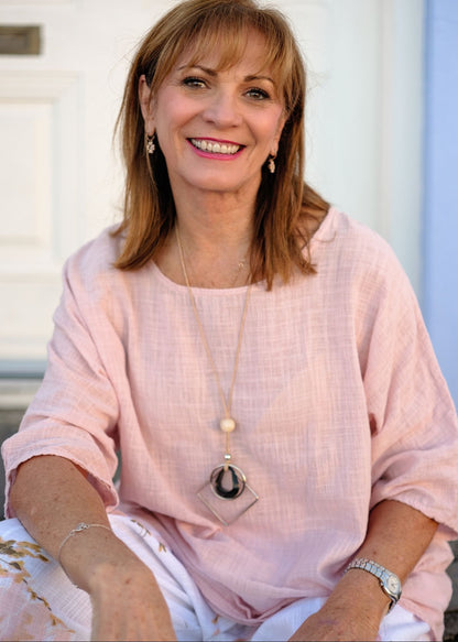 Lino 100% Linen Round Neck Blouse in Dusty Rose