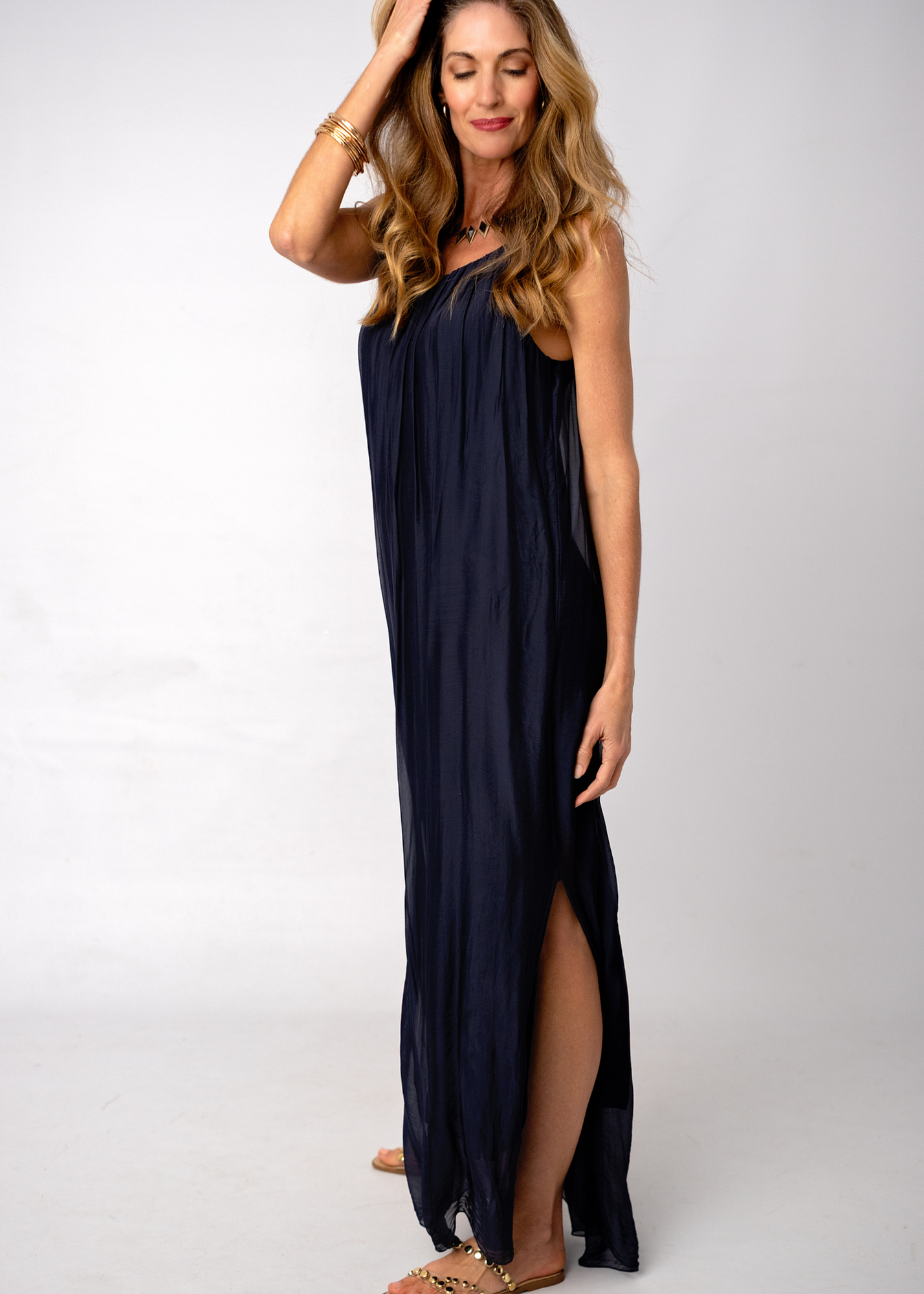 Sophia 100% Silk Flow Strappy Dress in Black