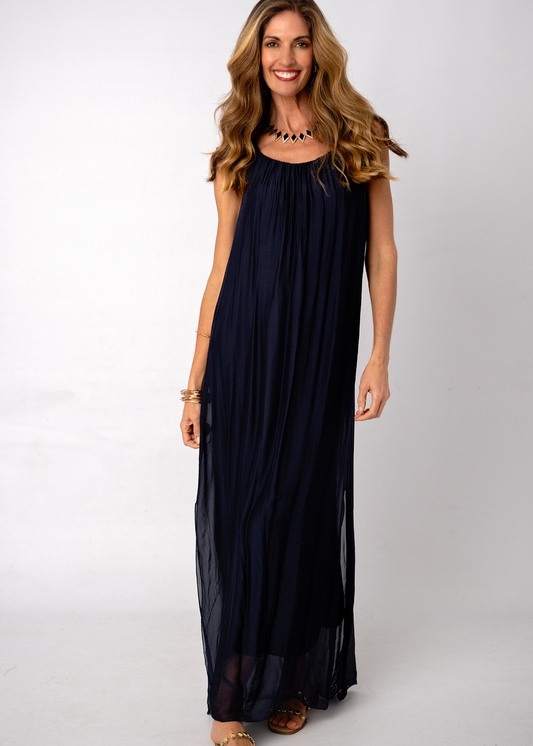 Sophia 100% Silk Flow Strappy Dress in Midnight Ink