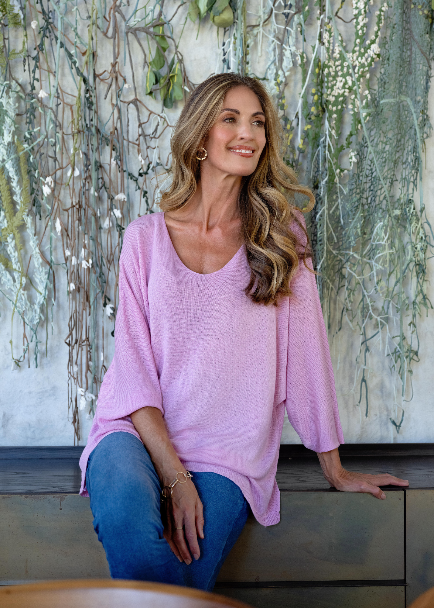 Slouchy Susan Knitted 3/4 Sleeve Top in Pink Sorbet