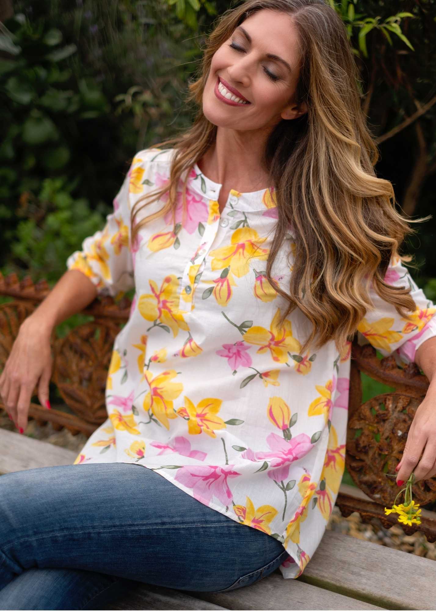 Lauren Comfy top, in Pink and Yellow Floral