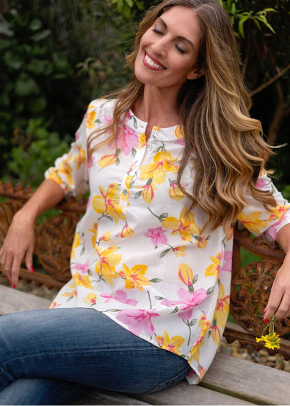 Lauren Comfy top, in Pink and Yellow Floral