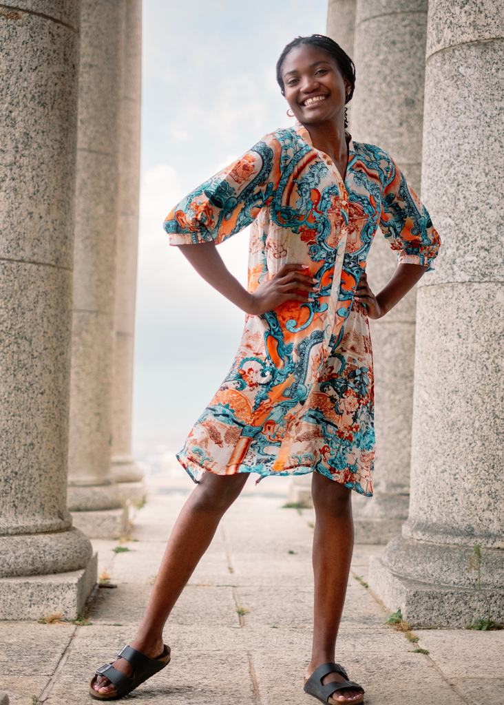 Maxine Dress Knee length in Coral turquoise