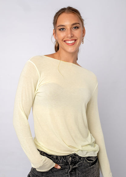 Sheer Stretchy Scoop-neck Top in Soft Yellow