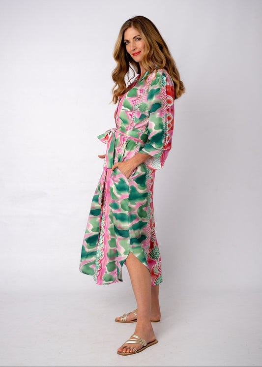 Laura Cuffed Sleeve Dress in Watermelon Smudge