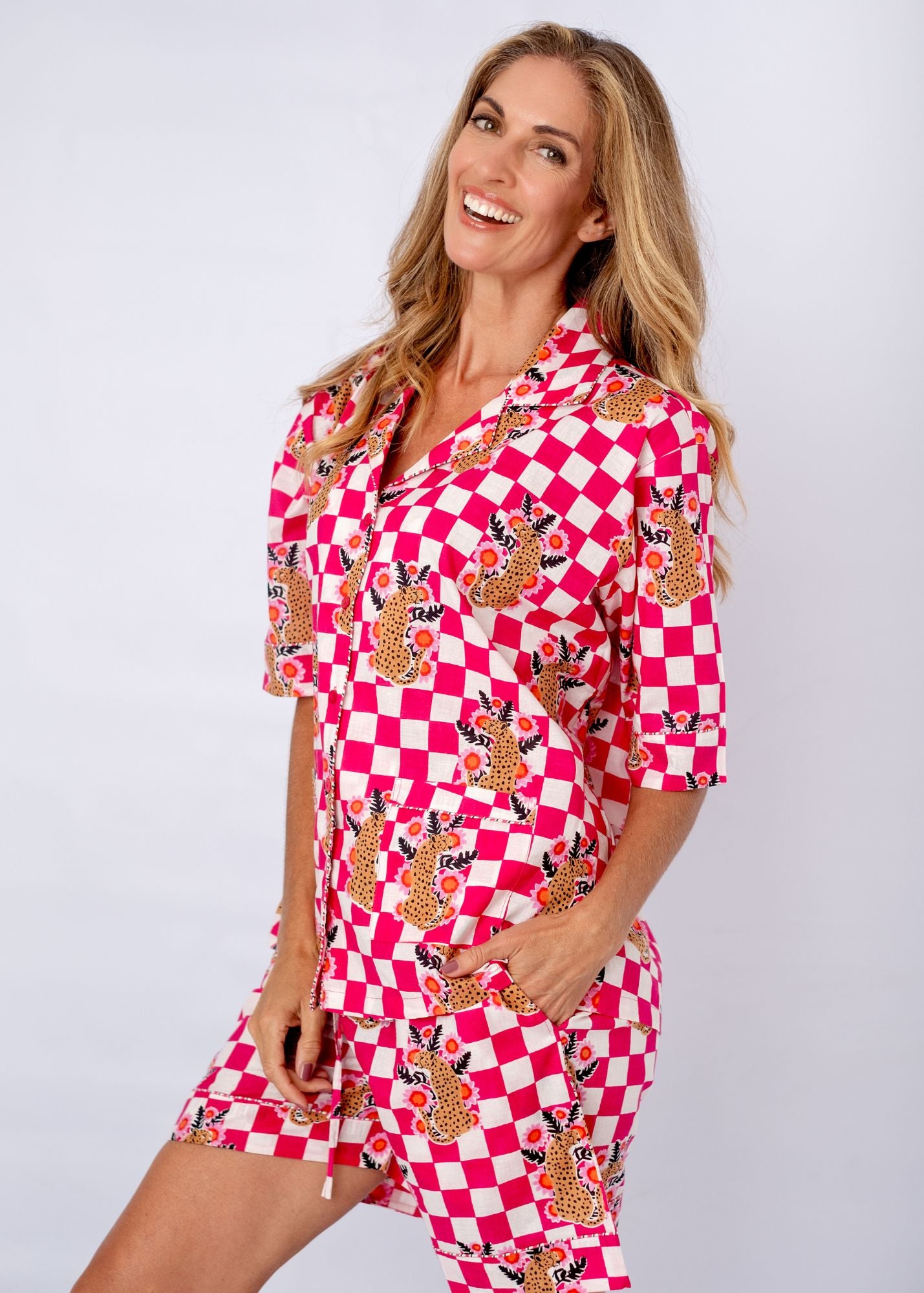 PJ Set Short Sleeve Short Pants in Cotton Candy Cheetah