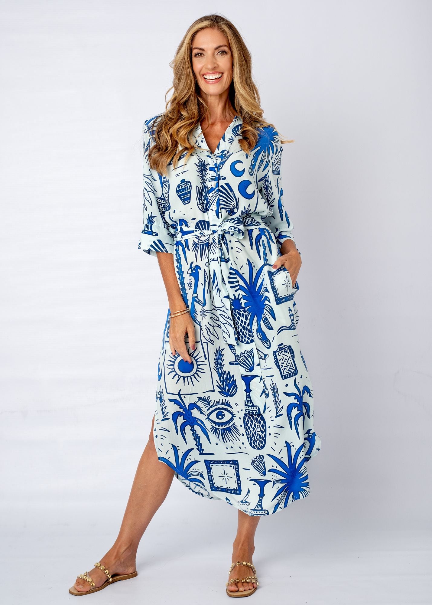 Fergie Cuffed Sleeve  Dress, Greek Islands