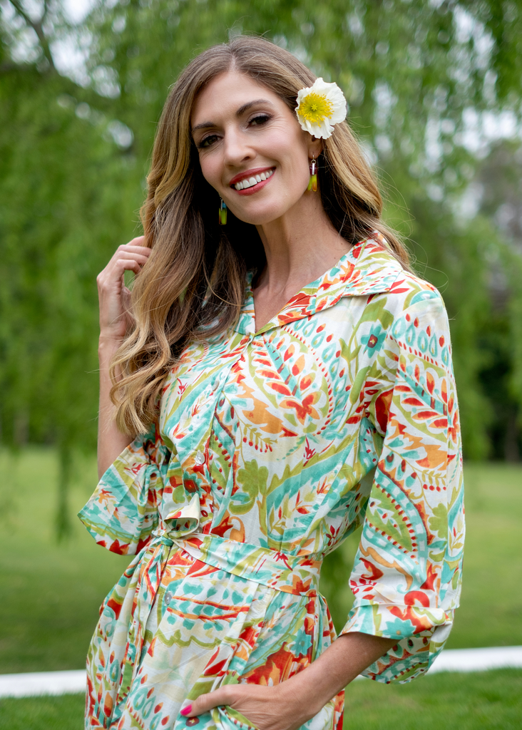 Laura Shirt Dress Coral and Green Tucked Sleeve Detail