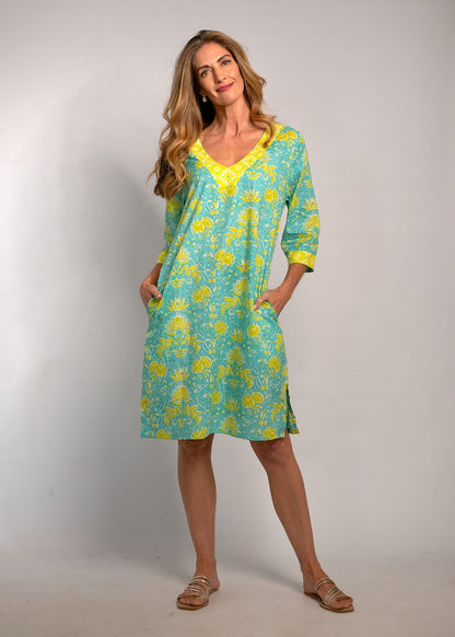 V-Neck tunic in Turquoise with Lime Contrast