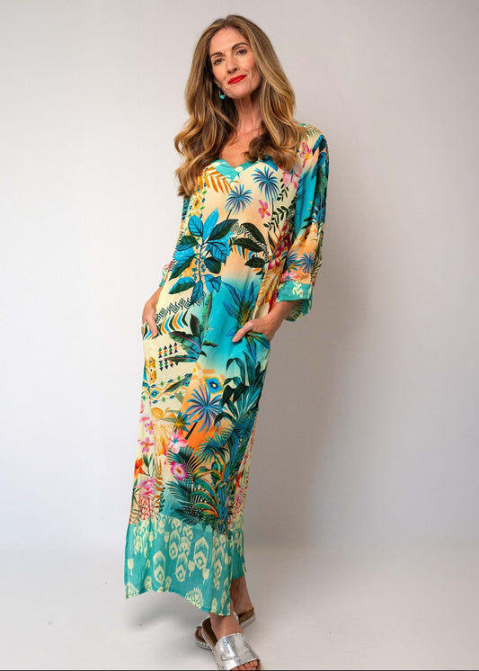 Gloria Dress with Tucked Sleeve Detail in Tropical Sunset