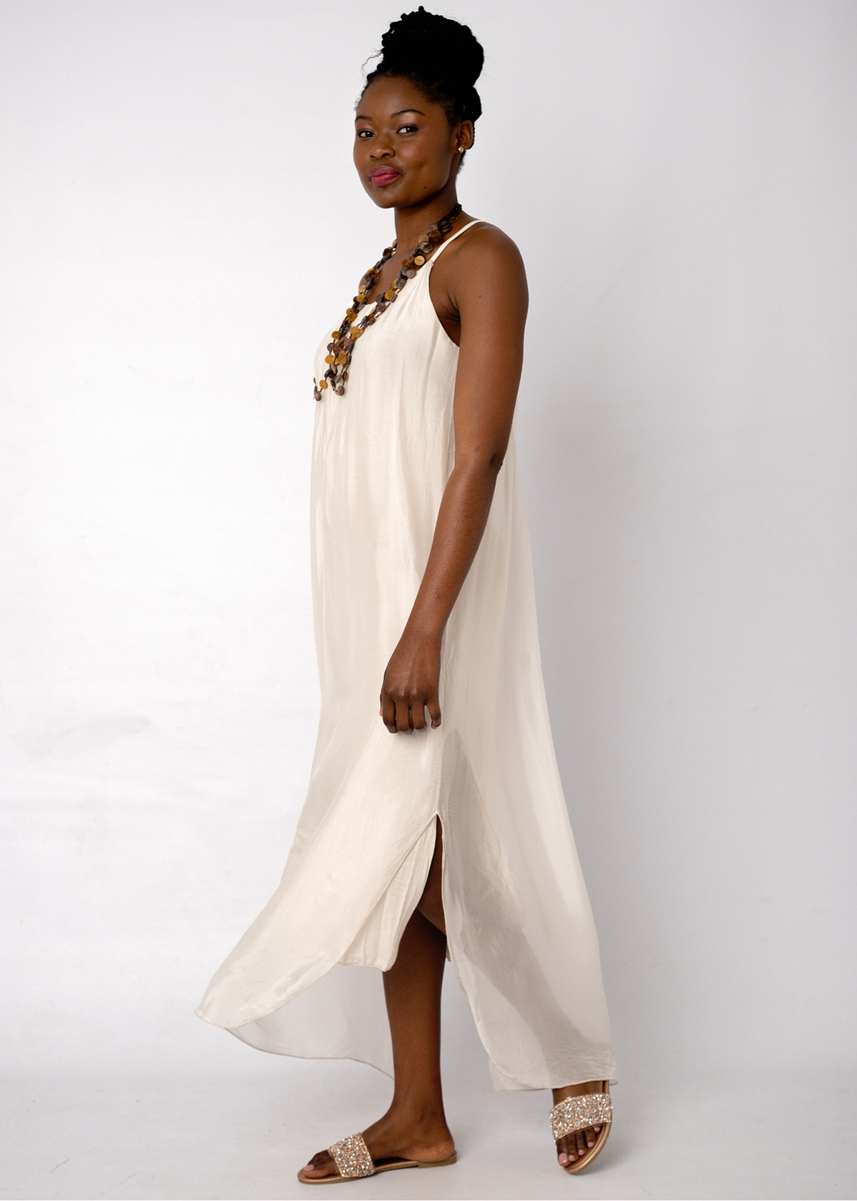Sophia 100% Silk Flow Strappy Dress in Cream