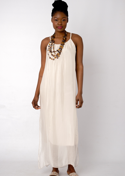 Sophia 100% Silk Flow Strappy Dress in Cream