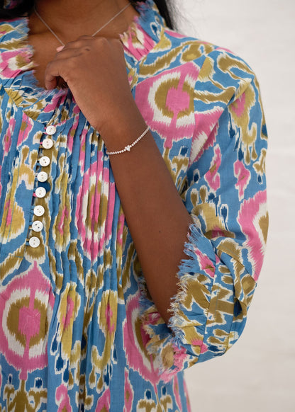 Sarah Dress with Frill in Blue and Pink Ikat Calf Length