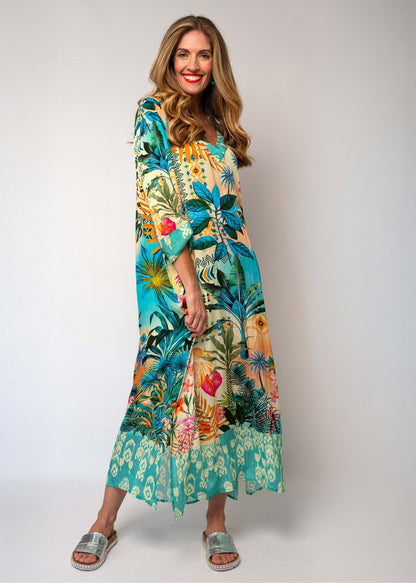 Gloria Dress with Tucked Sleeve Detail in Tropical Sunset