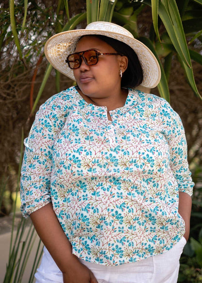 Lauren Comfy top, Turquoise Coral Print