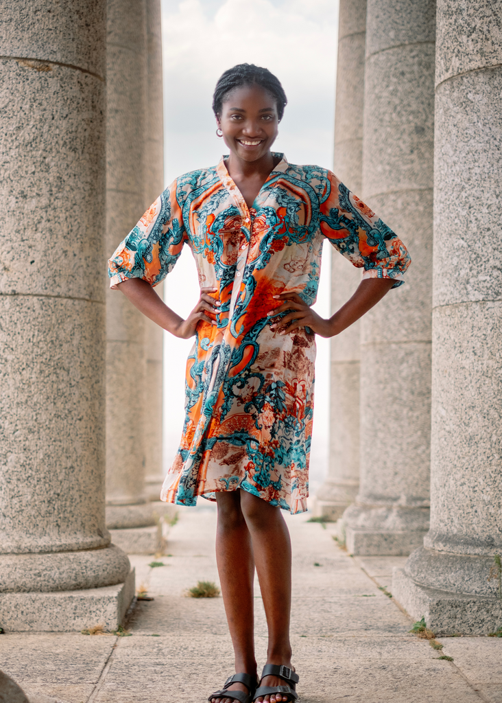 Maxine Dress, Coral & turquoise - Knee length