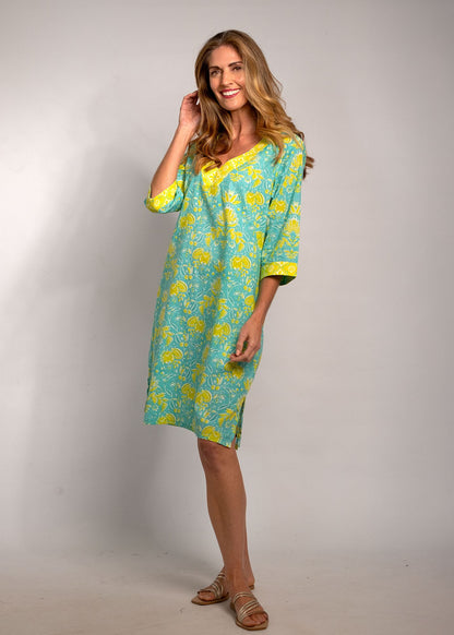 V-Neck tunic in Turquoise with Lime Contrast