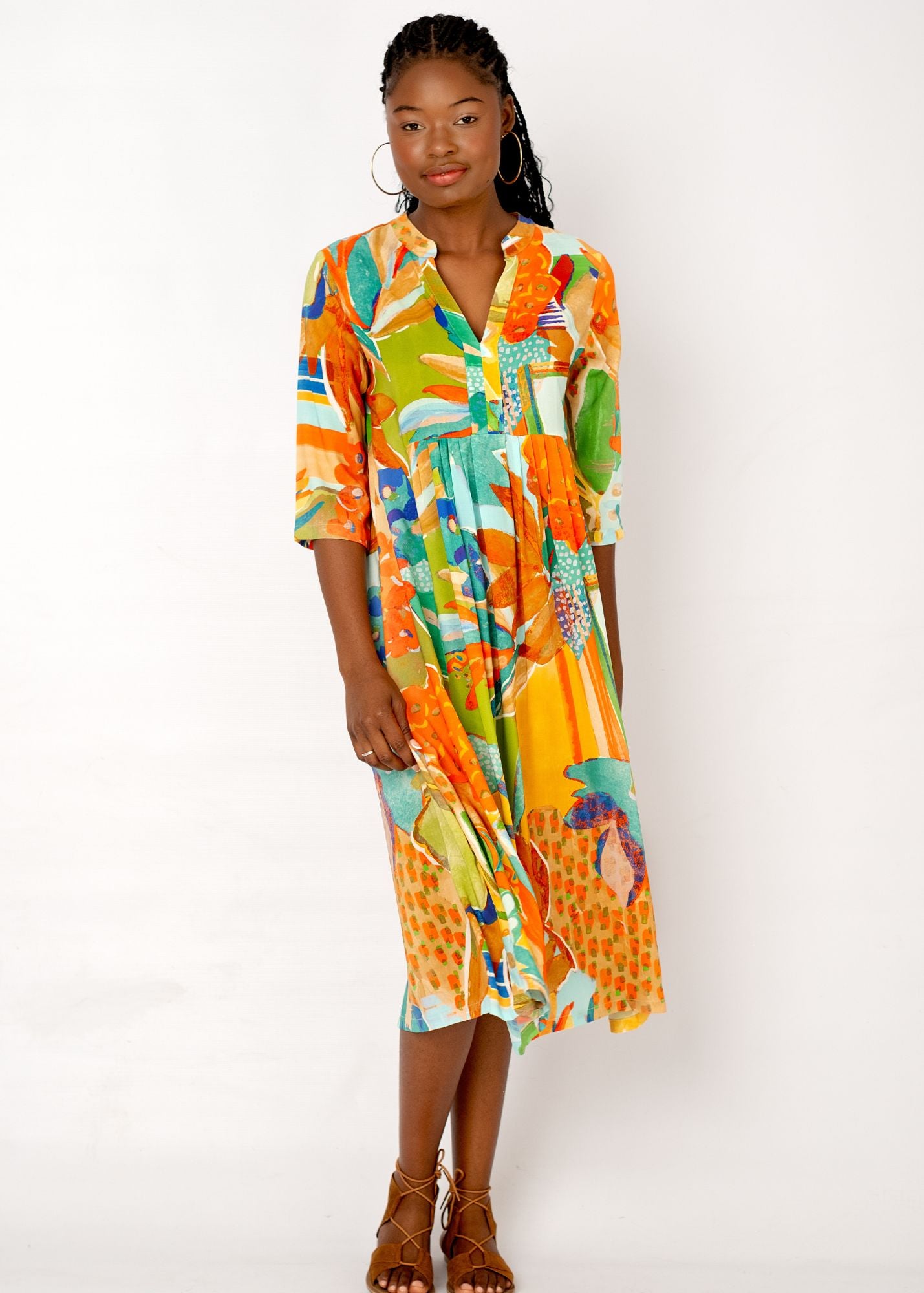 Lee-Ann pleated dress Long, Turquoise Bloom
